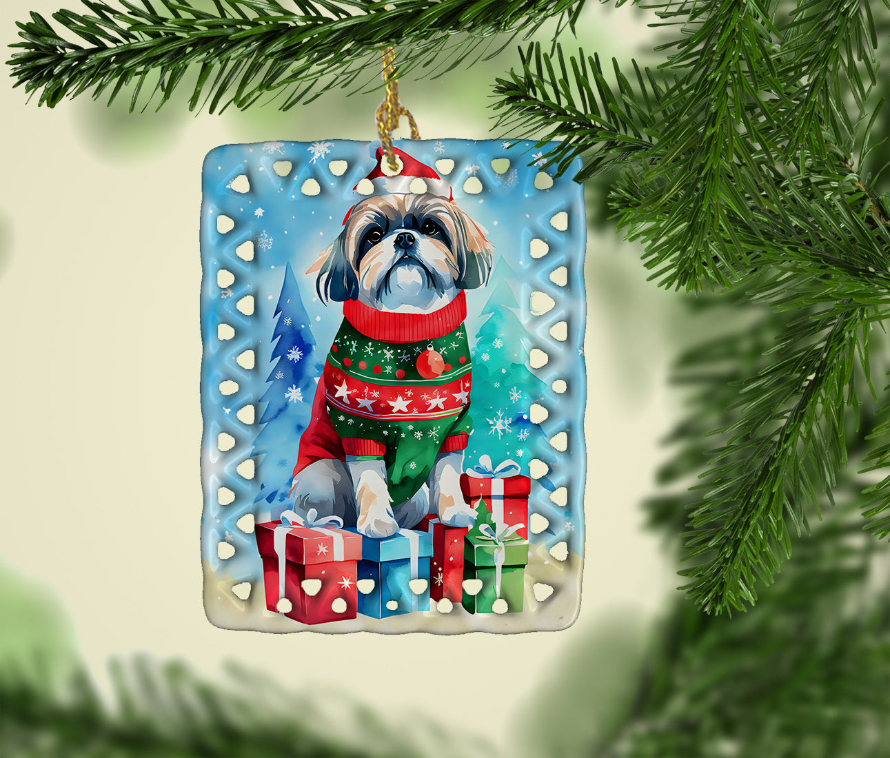 Shih Tzu Christmas Porcelain Ornament