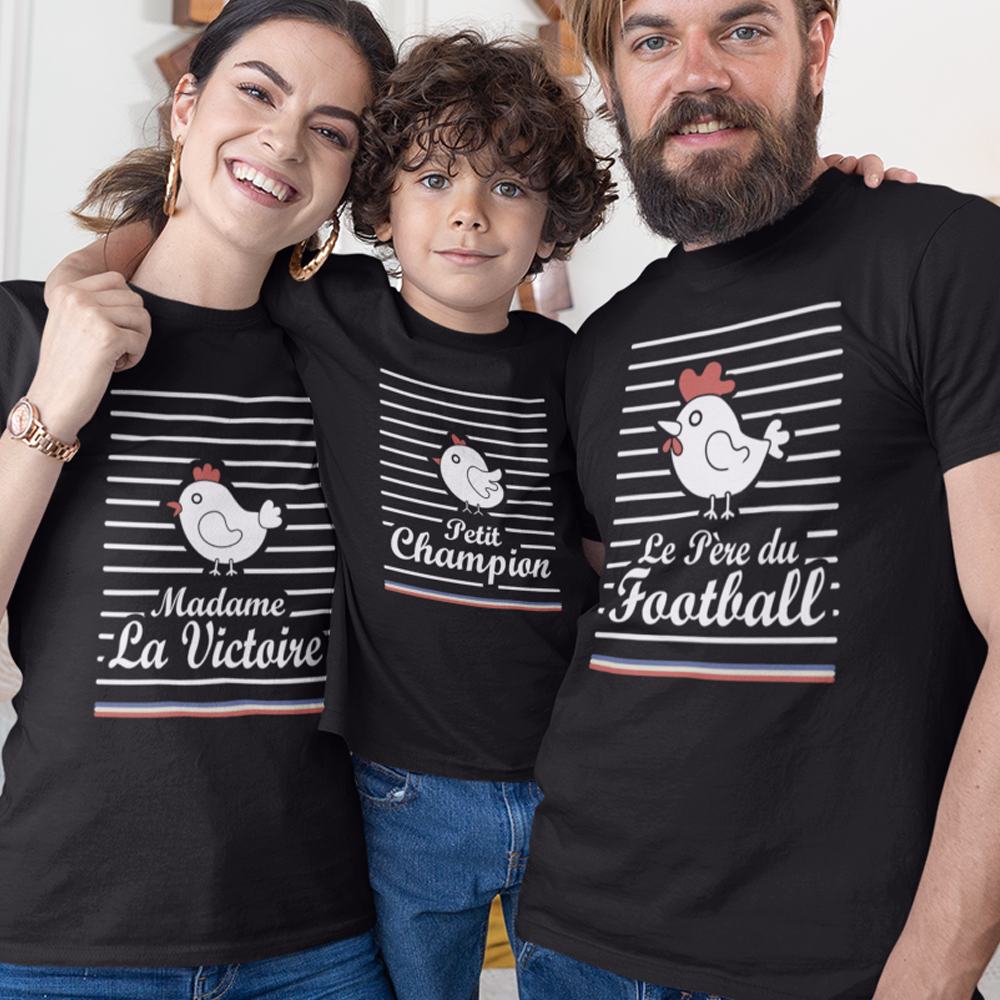 Le Père Du Football, Madame La Victoire, Petit Champion Dad Mom and Kid Matching Organic Cotton T-Shirts Family Set (Set of 3)