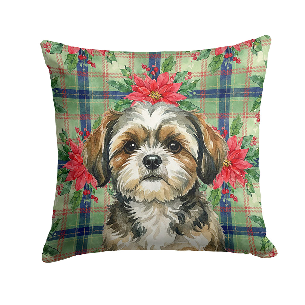 Brindle Shih Tzu Christmas PoinsettIas Throw Pillow