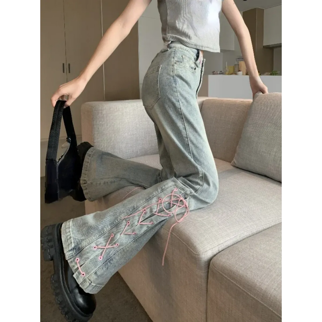 Denim Vintage Harajuku Lace-Up Flare Jeans