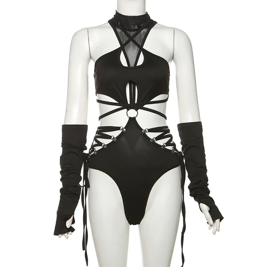 Gothic Techwear Hollow-Out Bodysuit