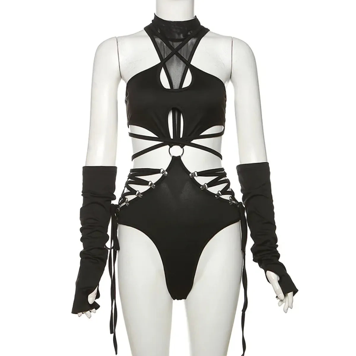 Gothic Techwear Hollow-Out Bodysuit