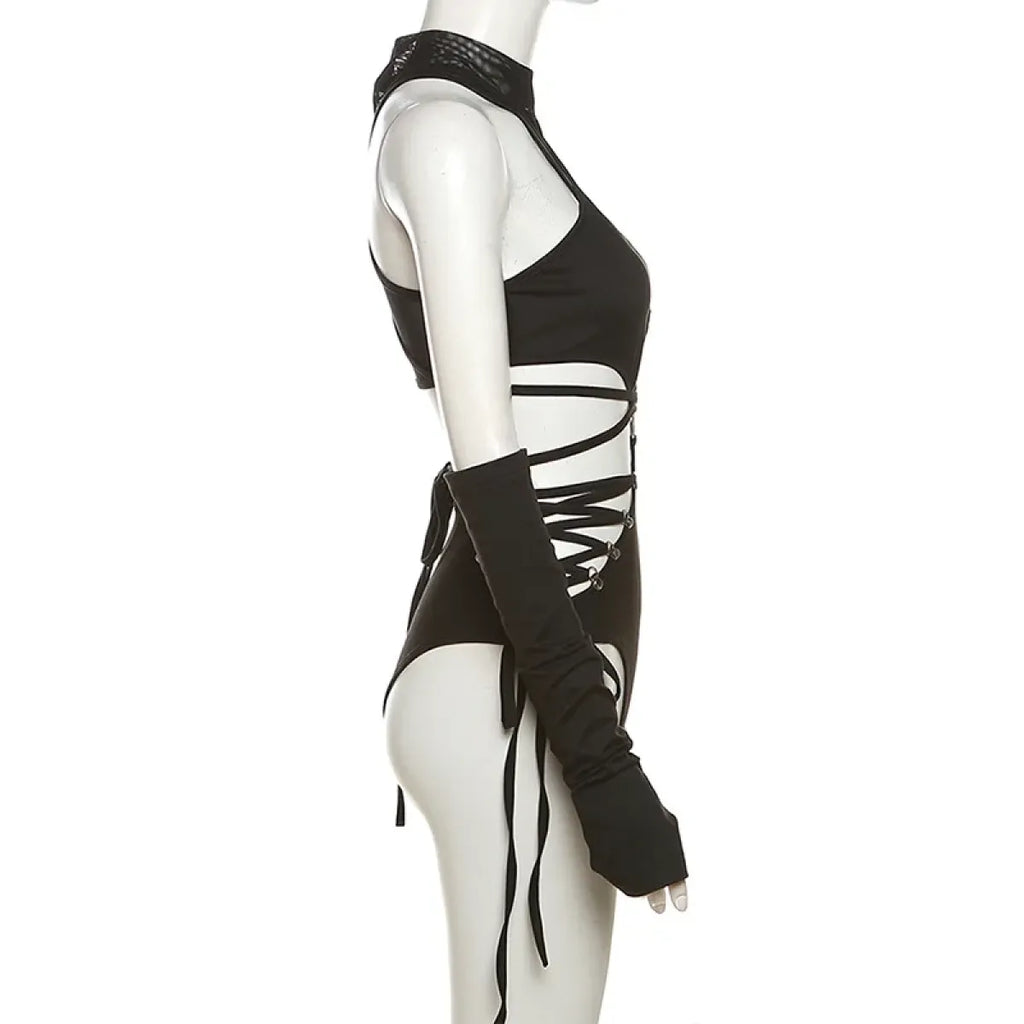 Gothic Techwear Hollow-Out Bodysuit