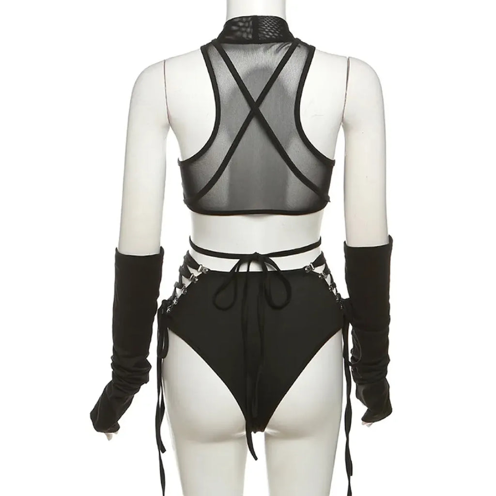 Gothic Techwear Hollow-Out Bodysuit